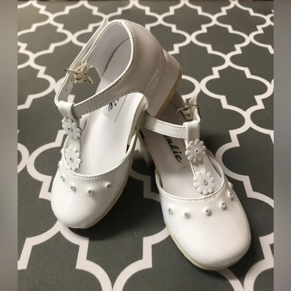 Angel Girls Shiny White Rhinestones Ankle Strap Buckle Flower Dress Shoes